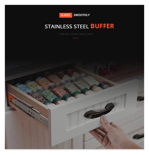 Open drawer showing Rock Solid Heavy Duty Soft Close Drawer Slides Kit For Cabinets And Furniture with spice jars inside