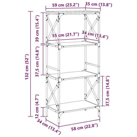 Dimensions diagram of Dope 4 Tier Industrial Bookcase Black With Engineered Wood And Metal Frame 23.2x13.8x52 Inches