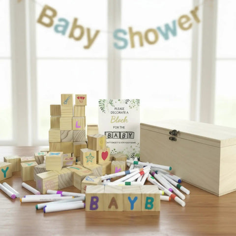 Baby Shower Games Sign Kit With 60 Wooden Blocks And 36 Colored Markers, Includes A Wooden Storage Box, Perfect For Decor, Guest Activities, And Fun Gift Ideas, wooden blocks and markers