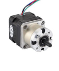 Front view of NEMA 17 stepper motor with 5:1 planetary gearbox; black motor body, silver gearbox flange, multi-color wiring.