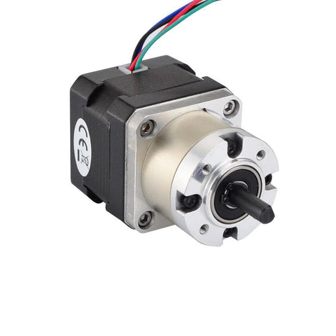 Front view of NEMA 17 stepper motor with 5:1 planetary gearbox; black motor body, silver gearbox flange, multi-color wiring.