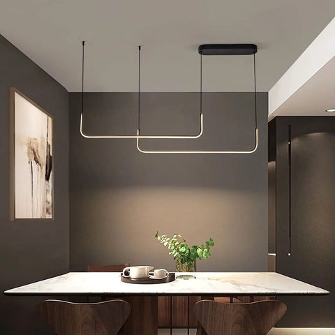 Modern Linear Dimmable LED Pendant Light, Two-Light Fixture above a dining table, Black Finish, 3000K Warm White