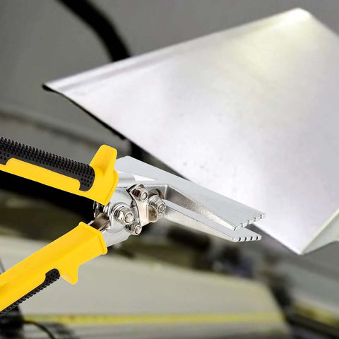 6 Inch Sheet Metal Hand Seamer with Straight Jaw Pliers bending a metal sheet, anti-slip handles, precision notches visible.