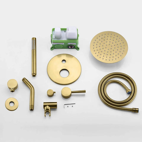 Top Notch Brushed Gold Shower Faucet System With A Sleek Eight Inch Rainfall Head Pumping High Pressure And Equipped With Slick Silicone Nozzles That Wipe Away Lime Buildup No Sweat For A Solid Bath Upgrade
