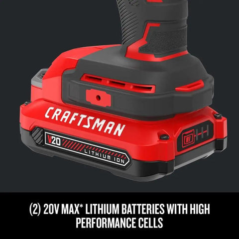 V20 Max Cordless Drill And Impact Driver Combo Kit with Two Batteries showing detailed high performance lithium ion cells