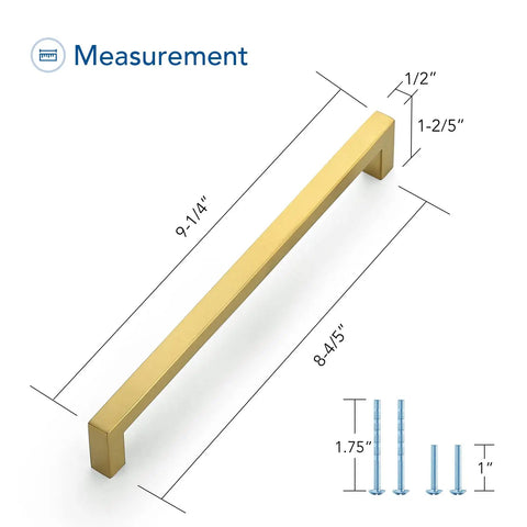 Gold Brushed Brass Cabinet Pulls With Handy Screwdriver, 9 1/4 Inch Overall Length, 8 4/5 Inch Hole Center, measurement diagram