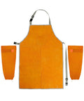 Welding Apron And Sleeves Set With Front Pockets For Heat And Flame Resistant Leather Shop Wear For Welders Blacksmiths Fireplace BBQ Gardening And Safety Bib Apron, showing orange apron with grey straps and pockets, paired with matching sleeves