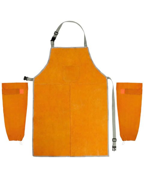 Welding Apron And Sleeves Set With Front Pockets For Heat And Flame Resistant Leather Shop Wear For Welders Blacksmiths Fireplace BBQ Gardening And Safety Bib Apron, showing orange apron with grey straps and pockets, paired with matching sleeves
