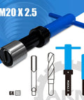 15 Piece M20x2.5 Metric Thread Repair Kit With Stainless Steel Wire Coil Inserts For Durable High Strength Internal Threads In Aluminum And Other Metals Quick Fix For Stripped Holes In Auto Machinery And DIY Projects, showing various tools including tap, drill bit, and insertion tools.