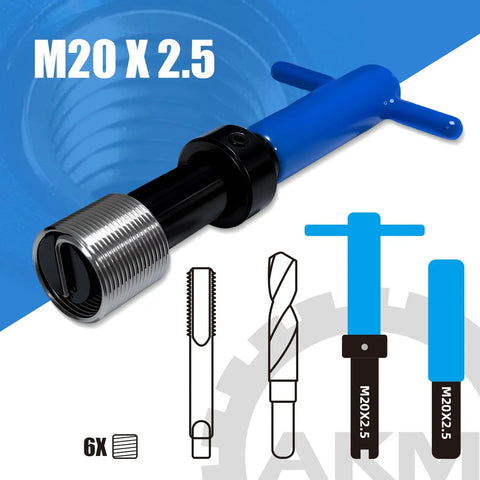 15 Piece M20x2.5 Metric Thread Repair Kit With Stainless Steel Wire Coil Inserts For Durable High Strength Internal Threads In Aluminum And Other Metals Quick Fix For Stripped Holes In Auto Machinery And DIY Projects, showing various tools including tap, drill bit, and insertion tools.
