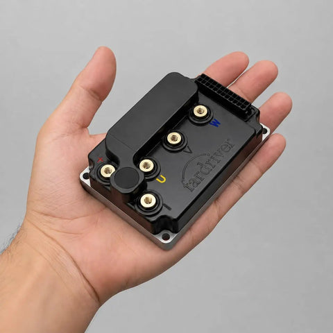 The Full Send 72V Programmable Bldc Motor Controller For Electric Bikes Scooters And Dirt Cycles High Amp Brushless Speed Regulator With Quick Tuning in a hand showing compact design.