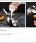 Turkish Coffee Pot Cezve Ibrik 200ml Stainless Steel Stove Top Brewer pouring milk into coffee next to waffles