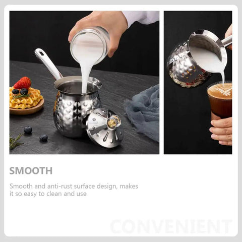 Turkish Coffee Pot Cezve Ibrik 200ml Stainless Steel Stove Top Brewer pouring milk into coffee next to waffles