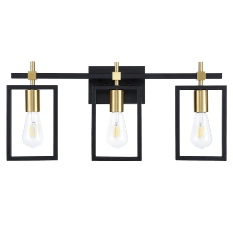 Industrial 3 Light Vanity Fixture In Black And Brass Gold With Rectangular Backplate Rustic Modern Farmhouse Bath Lighting Over Mirror For Bathrooms Restrooms Kitchens Living Rooms And More