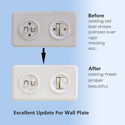 Before and after image of switch plate with White Wall Plate Screws Pack With One Hundred Pieces In Four Length Sizes Three Eighths Inch One Half Inch Three Quarters Inch And One Inch Six Thirty Two Thread Switch Plate Screws For Outlet Covers And Light Switch Plates Easy Replacement showing improved appearance.