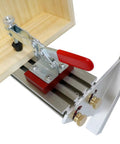 Heavy Duty Aluminum Table Saw Spline Clamp Jig With Four Flip Limiters And Uhmw Gliding Tracks, detailed view of clamp mechanism.