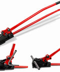 Heavy Duty 2 In 1 Manual Rebar Bender And Cutter Tool with red handles and black base, designed for cutting 5/8 inch steel rods.