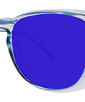 Top Tier Sodium Flare Blocking Safety Glasses Built Tough With Slick Purple Polycarbonate Lenses side view with clear frame.