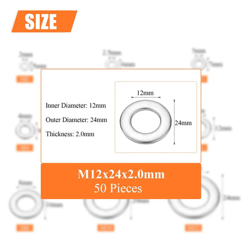 M12 Fender washers, 304 stainless steel, inner diameter 12mm, outer diameter 24mm, thickness 2.0mm, 50 pieces