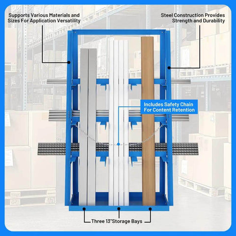 Front view of a blue Beefy Vertical Long Parts Storage Rack With 3,000 Lb Capacity For Pipes And Lumber, Heavy Duty Pipe Organizer.