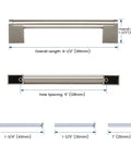 Diagram of 30 Pack 5 Inch Hole Centers Stainless Steel Boss Bar Cabinet Pulls Satin Nickel Finish, dimensions and screws included.