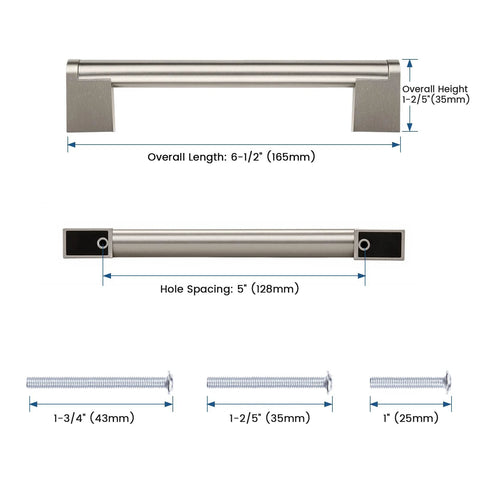 Diagram of 30 Pack 5 Inch Hole Centers Stainless Steel Boss Bar Cabinet Pulls Satin Nickel Finish, dimensions and screws included.