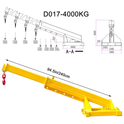 Heavy Duty Forklift Jib Boom Crane With 8800 Pound Lifting Hoist And 7.8 Foot Telescopic Reach, yellow, 94.5in, 4000 kg capacity.