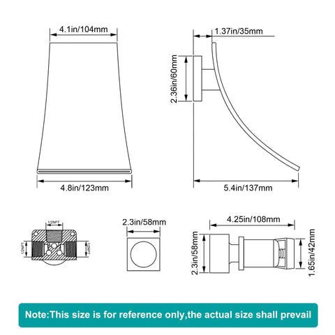 Dimensions diagram of Wall Mount Waterfall Bathroom Faucet With Single Handle In Brushed Nickel, Modern Tub And Sink Lavatory Faucet, Quiet Flow