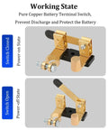 Heavy Duty Car Top Post Negative Battery Disconnect Switch 12V 24V shown in power-on and power-off states with brass build.