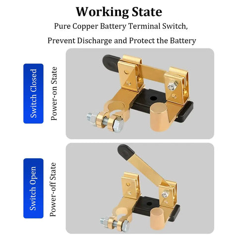 Heavy Duty Car Top Post Negative Battery Disconnect Switch 12V 24V shown in power-on and power-off states with brass build.