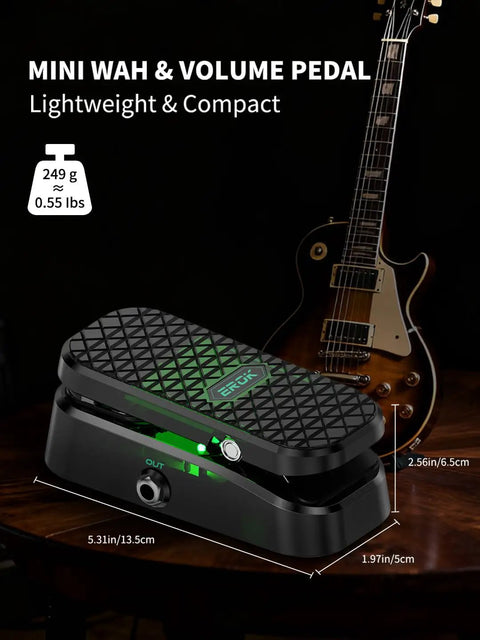 Two In One Wah And Volume Pedal For Electric Guitar With Custom RM Type Shielded Inductor On Wooden Surface Near Guitar