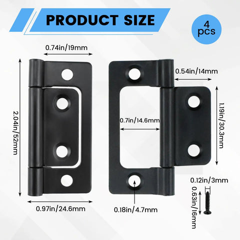 Rock Solid Four Pack Black Non Mortise Butt Hinges With Mounting Screws For Furniture And Window Frames Offering No Sweat Setup And Dang Tough Iron Build In Two Inch Size dimensions diagram.