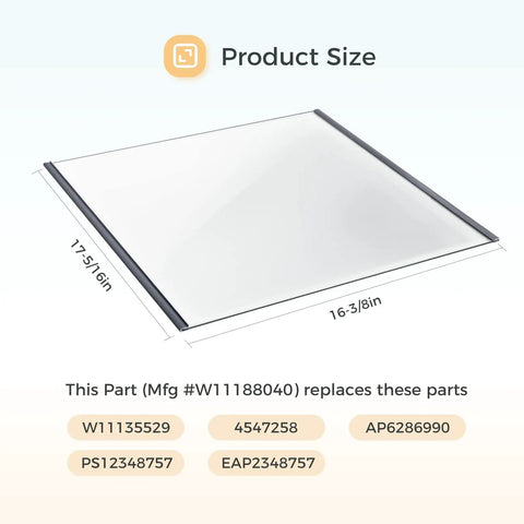 Upgraded Upper Refrigerator Glass Shelf For Whirlpool Maytag Tempered Glass 17 5/16 In W X 16 3/8 In D Replaces W11135529 4547258 AP6286990 PS12348757 EAP2348757 W11188040RC