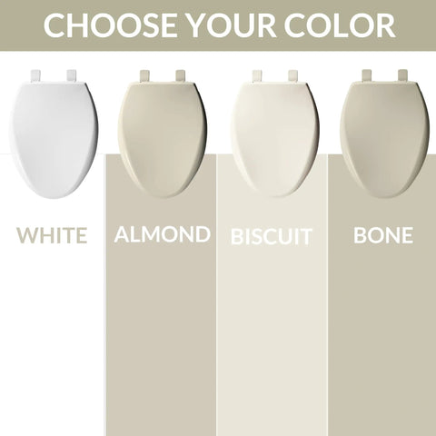 Color options for Slow Close Toilet Seat With Easy Clean Hinges And Adjustable Front To Back Fit Elongated White Made In Usa Never Loosens Quiet Soft Close For A Worry Free Bath Upgrade No Wiggle Smooth Contours Durable Plastic Comfort in white, almond, biscuit, and bone.