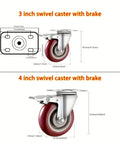 Heavy Duty Swivel Plate Casters With Brakes And Brake Lock For Furniture Carts Flat Plate Mount 360 Degree Swivel Wheels Optional 3 Inch And 4 Inch Wheel Sizes Four Pack