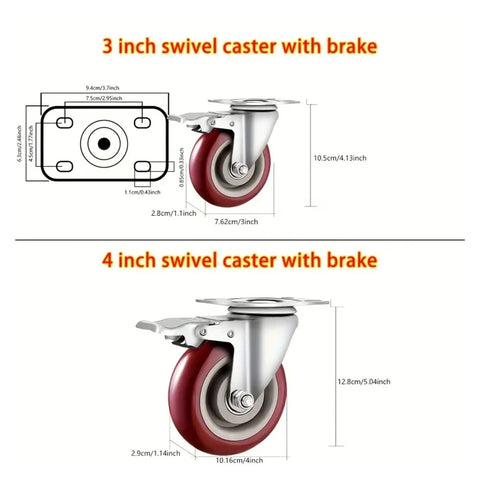 Heavy Duty Swivel Plate Casters With Brakes And Brake Lock For Furniture Carts Flat Plate Mount 360 Degree Swivel Wheels Optional 3 Inch And 4 Inch Wheel Sizes Four Pack