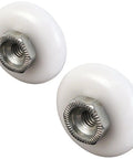 Heavy Duty Shower Door Rollers And Sliding Tub Enclosure Wheels Two Solid Sets With Convex Nylon Tires And Greaseless Steel Ball Bearings White non-threaded hubs close-up view.