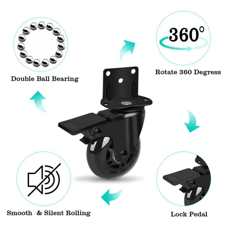 2.5 Inch L-Shaped Plate Swivel Caster With Brake Dual Bearing Silent Industrial Casters Wheels Load Capacity 500 Lbs, features, details