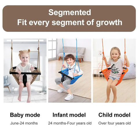 2-In-1 Toddler Swing Seat With Adjustable Ropes For Kids Heavy Duty Rope Play Outdoor Indoor Backyard Use Secure Durable Easy Assembly Breathable Hand-Woven Rope Swing Chair Light Brown Kid Friendly shown in baby, infant, and child mode with children sitting in different swing designs.