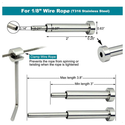 Dimensions and details of One Eighth Inch Invisible Cable Railing Hardware Kit With Stainless Steel T316 Marine Grade Turnbuckles Pack Of 30 For Wood And Metal Post Railing Systems