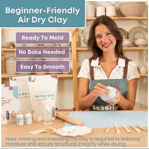 Woman using Beginner Pottery Kit With Air Dry Clay 4.4 Lbs And 2Kg Modeling Clay, Sculpting Tools, Paint, Glaze, Sanding Block