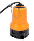 Rugged Submersible DC Water Pump 45W Copper Motor Pushes 1110 Gph Fast To Dump Pools Dry Out Basements Empty Boats Handle Bilge Sump Backup Emergency Utility Jobs, orange design, compact unit.