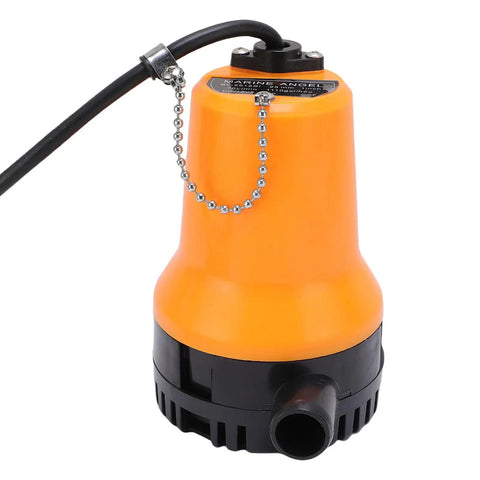 Rugged Submersible DC Water Pump 45W Copper Motor Pushes 1110 Gph Fast To Dump Pools Dry Out Basements Empty Boats Handle Bilge Sump Backup Emergency Utility Jobs, orange design, compact unit.