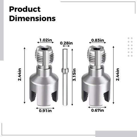 Pro Grade Two Size Faucet Threading Kit For One Half And Three Quarter Inch Pipes With Internal And External Threading Carbon Steel PVC Pipe Threader Tools For Home Plumbing And Industrial Use dimensions view, 1/2 and 3/4 in