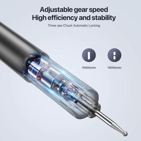 USB Rechargeable Electric Engraving Pen With 24 Bits Cordless Rotary Engraver showing internal mechanism and speed settings.