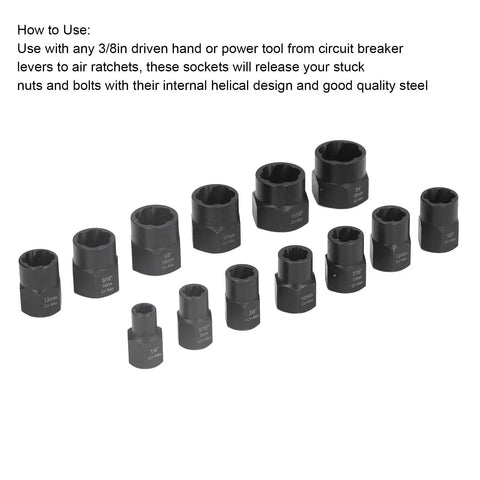 13-Piece Impact Nut Remover Set For Rusted And Damaged Nuts Bolts And Studs With 3/8 Inch Square Drive displayed on white