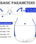 Heavy Duty Safety Glasses Bulk Pack With Clear Lenses And Durable Blue Frames Engineered For The Daily Grind No Nonsense Eye Guard Gear For Job Sites Labs And Working Crews, front and side view showcasing dimensions.