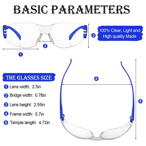 Heavy Duty Safety Glasses Bulk Pack With Clear Lenses And Durable Blue Frames Engineered For The Daily Grind No Nonsense Eye Guard Gear For Job Sites Labs And Working Crews, front and side view showcasing dimensions.
