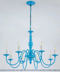 Blue 8 Light 30 Inch Large Pendant Chandelier With Candle Style Holders, simple blue finish showing chain and 8-arm design.