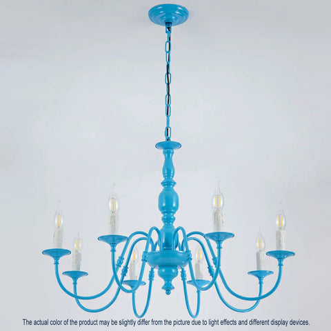 Blue 8 Light 30 Inch Large Pendant Chandelier With Candle Style Holders, simple blue finish showing chain and 8-arm design.